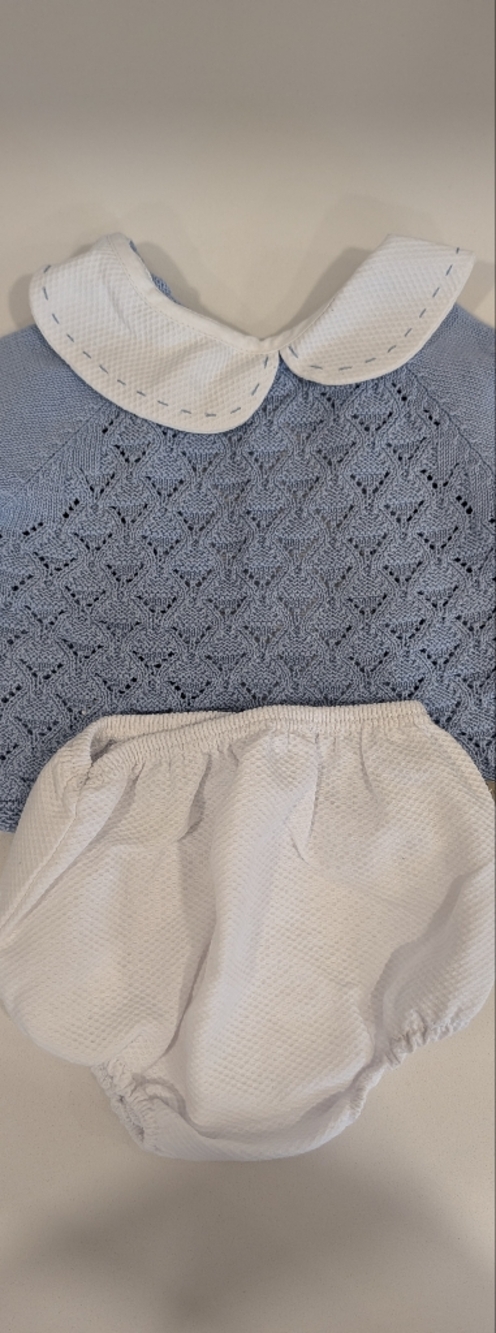 Baby Knit Top and Bloomers Set - Light Blue & White